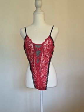 Red Lace Strappy One Piece Nighty with Black Trim